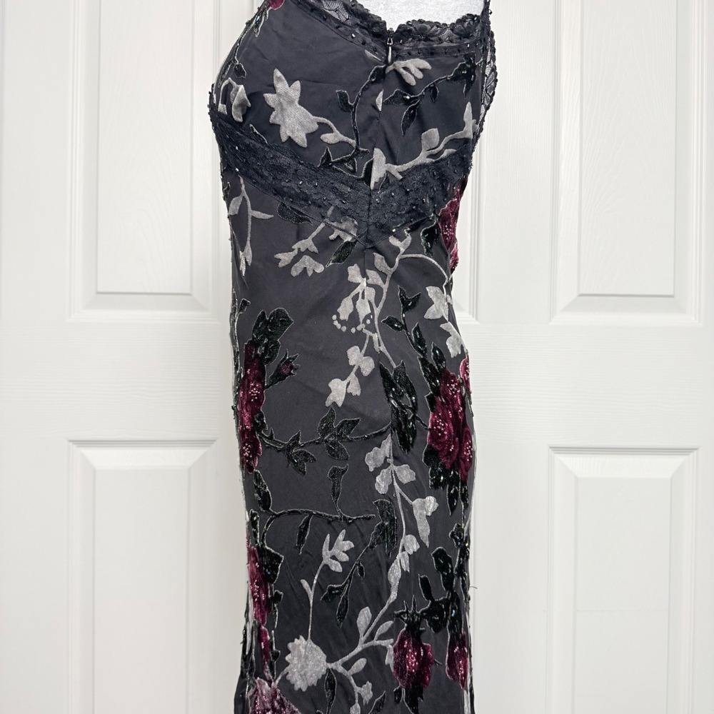 VTG Sue Wong Silk Burnout Velvet Floral Beaded Lace Maxi Dress Black Burgundy 6 - Picture 11 of 16